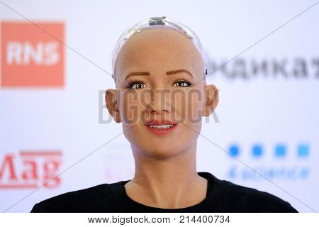 Moscow, Russia - October 1, 2017: Sophia humanoid robot at Open Innovations Conference at Skolokovo technopark