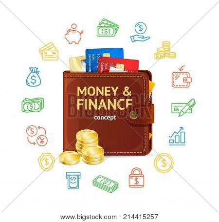 Money Finance Concept with Realistic 3d Detailed Wallet, Plastic Credit Card, Coin Stack and Outline Icons. Vector illustration