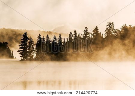 Lake of two rivers in algonquin national park ontario canada sunset sunrise with fog foggy mystical atmosphere background