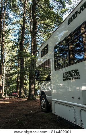 Canada Ontario Algonquin National Park 30.09.2017 - Parked RV camper car at Lake of two rivers Campground Beautiful natural forest landscape