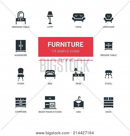 Furniture - line design icons set. Items for interior design, shop. Sofa, armchair, dressing table, lamp, wardrobe, bedside table, chair, bed, desk, stool, commode, ready made kitchen, sink, rack