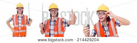 Funny constructon worker with tape-line isolated on white
