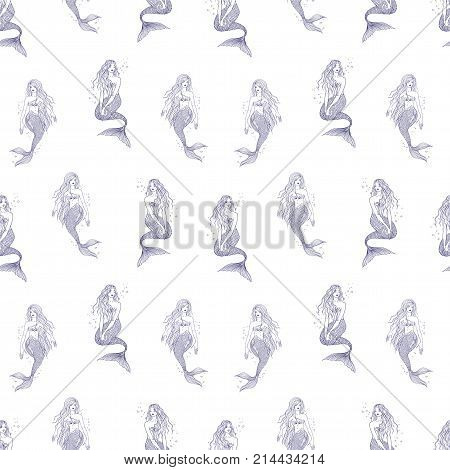 Seamless pattern with hand drawn mermaids on white background. Backdrop with undine. Vector illustration in vintage style for wallpaper, fabric print, wrapping paper