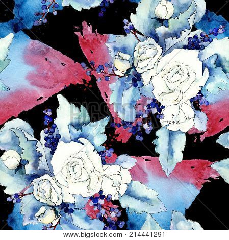 Wildflower bouquet pattern in a watercolor style. Full name of the plant: rose. Aquarelle wild flower for background, texture, wrapper pattern, frame or border.