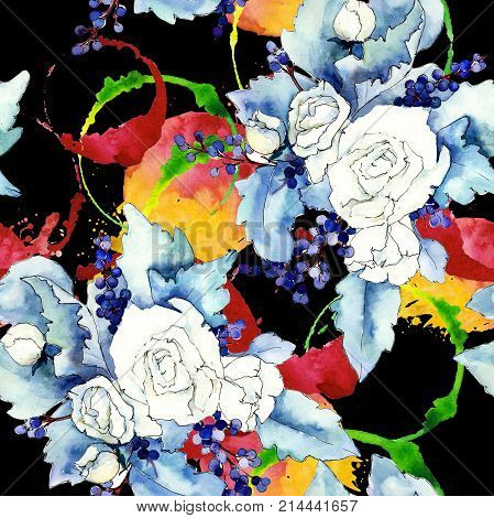 Wildflower bouquet pattern in a watercolor style. Full name of the plant: rose. Aquarelle wild flower for background, texture, wrapper pattern, frame or border.