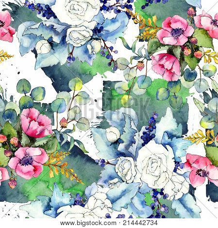 Wildflower bouquet pattern in a watercolor style. Full name of the plant: rose. Aquarelle wild flower for background, texture, wrapper pattern, frame or border.