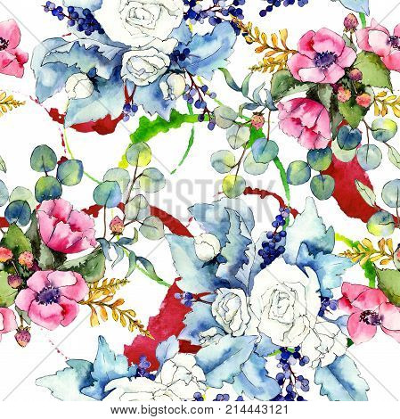 Wildflower bouquet pattern in a watercolor style. Full name of the plant: rose. Aquarelle wild flower for background, texture, wrapper pattern, frame or border.