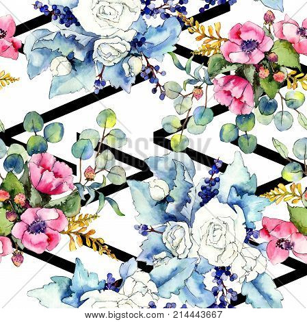 Wildflower bouquet pattern in a watercolor style. Full name of the plant: rose. Aquarelle wild flower for background, texture, wrapper pattern, frame or border.