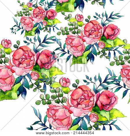 Wildflower bouquet pattern in a watercolor style. Full name of the plant: peony. Aquarelle wild flower for background, texture, wrapper pattern, frame or border.