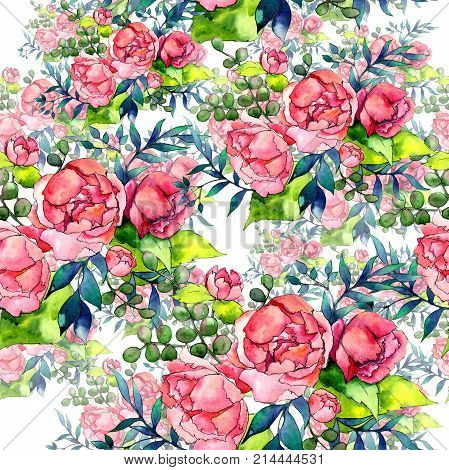 Wildflower bouquet pattern in a watercolor style. Full name of the plant: peony. Aquarelle wild flower for background, texture, wrapper pattern, frame or border.
