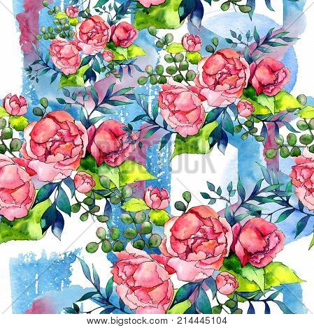Wildflower bouquet pattern in a watercolor style. Full name of the plant: peony. Aquarelle wild flower for background, texture, wrapper pattern, frame or border.