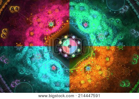 Geometric fractal shape can illustrate daydreaming imagination psychedelic space dreams magic nuclear explosion frequency patterns radiation or music concepts.
