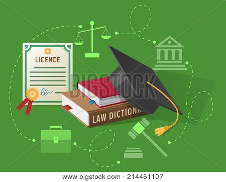 Lawyers licence, books on law and academic hat vector illustrations. Old scales, judges hammer, ancient building and classic briefcase silhouettes.
