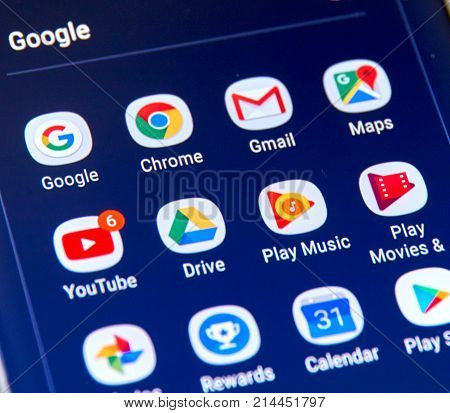 MONTREAL CANADA - NOVEMBER 12 2017: Google apps icons on Samsung S8 screen. Google LLC is an American multinational technology company that specializes in Internet-related services and products