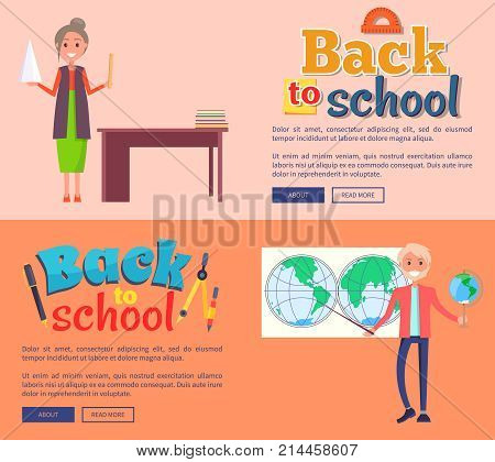 Back to school web banners with teacher standing near blackboard and professor of geography holding globe behind international map vector