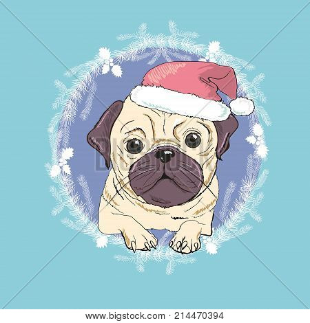 Christmas greeting card. Pug dog with red Santa s hat.