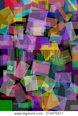 Abstract background with variegated overlaping semitransparent squares on black area usefuul for book cover wrapping paper. textile design. Polygonal patterns. Vector EPS 10