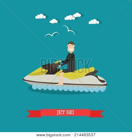 Vector illustration of man riding water scooter. Jet ski flat style design element.