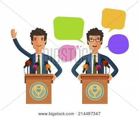 Man speaks from podium, tribune. Business concept. Vector flat illustration isolated on white background