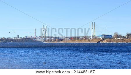 Cable stayed bridge on the outskirts of St. Petersburg at sunny spring day Russia.