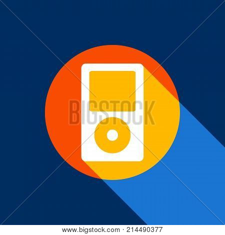 Portable music device. Vector. White icon on tangelo circle with infinite shadow of light at cool black background. Selective yellow and bright navy blue are produced.