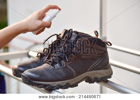 Clean stinky hiking boot.Process of cleaning shoes