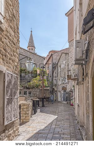 BUDVA MONTENEGRO - SEPTEMBER 26 2017: Budva's old town or stari grad is something like a mini Dubrovnik and star attraction for Montenegro's tourist season.