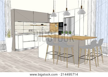 3D rendering. Modern kitchen design in light interior. Kitchen sketch. There is also a kitchen island in the room. Kitchen and living room combined. Interior design. Bar chairs.