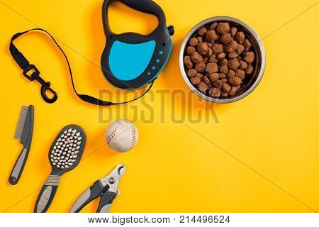 Dog accessories on yellow background. Top view. Pets and animals concept. Still life. Copy space. Flat lay