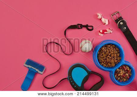 Dog accessories on pink background. Top view. Pets and animals concept. Still life. Copy space. Flat lay