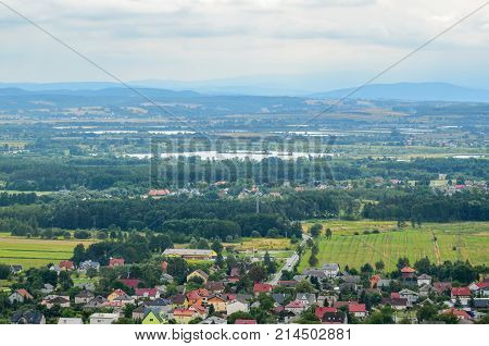 BABICE POLAND - AUGUST 19 2017: View of villages and mountains from the ruins of Lipowiec castle in Babice Poland.