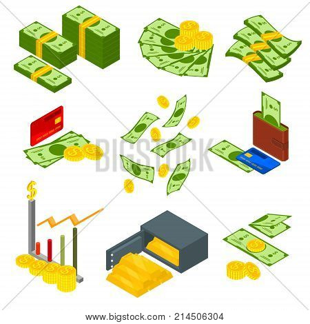 Money Signs Icons Set Isometric View Include of Coin, Dollar Stack, Graph, Plastic Credit Card, Wallet and Safe. Vector illustration