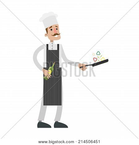 Isolated male chef with pan in apron and hat on white background.