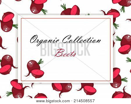 vector illustration logo for whole ripe vegetables red beet, cut sliced, natural product closeup on background. symbol for sauce product label or grocery store, shop and farm market design. Vector square label. Organic collection