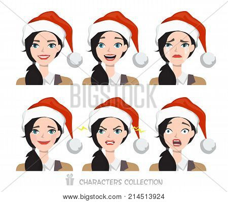 Vector illustration of businesswoman many faces emotions with santa hat.
