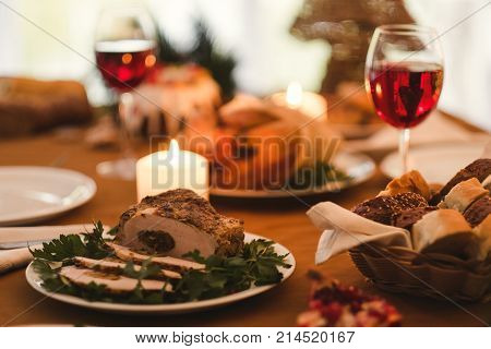 festal dinner in the restaurant for couple. delicious food and kitchen traditions.