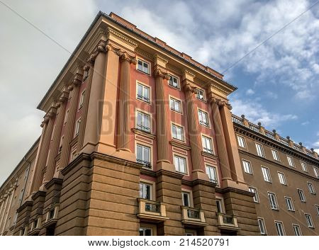 Houses using sorela architecture style in Alsovo namesti Ostrava-Poruba Czech republic during sunset