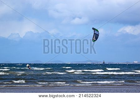 kitesurfer riding n the sea off Troon, Scotland