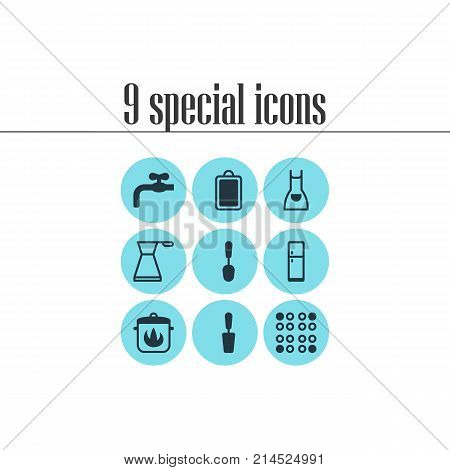 Vector Illustration Of 9 Restaurant Icons. Editable Set Of Stewpot, Spatula, Smock And Other Elements.