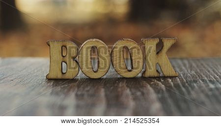 Book word letters. Book wood letters on table. Book wood letters close up. Photo stock.