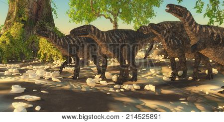 Iguanodon Dinosaurs 3d illustration - Iguanodon herbivorous dinosaurs lived during the Cretaceous Period of Europe and walked with a herd of animals.