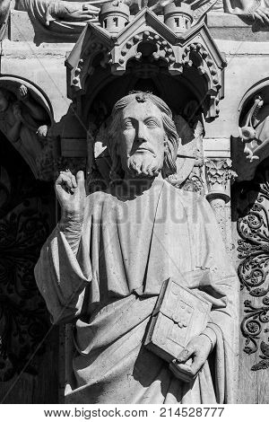 Architectural details of the catholic cathedral Notre-Dame de Paris. Built in French Gothic architecture Notre-Dame's facade showing details of the Portal of the Last Judgment. Paris France