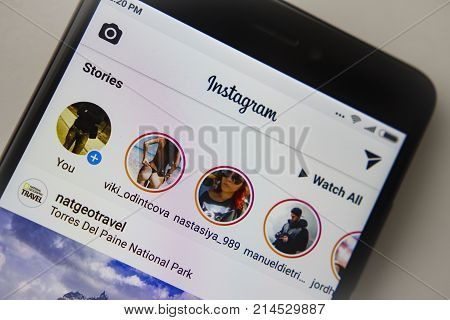 Berlin Germany - November 19 2017: Instagram application on screen of modern smartphone close-up. Instagramm account on display