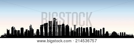 City Doha skyline. Arabic Urban cityscape. Qatar capital skyscraper buildings silhouette