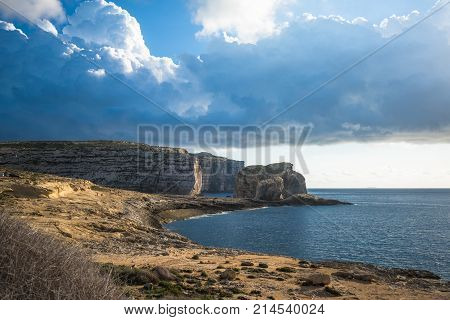 Panoramic View Of Dwejra Bay With Fungus Rock, Gozo, Malta