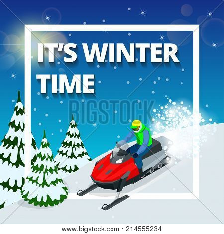 Man driving sports snowmobile in Finnish Lapland in a sunny day. Isometric vector illustration