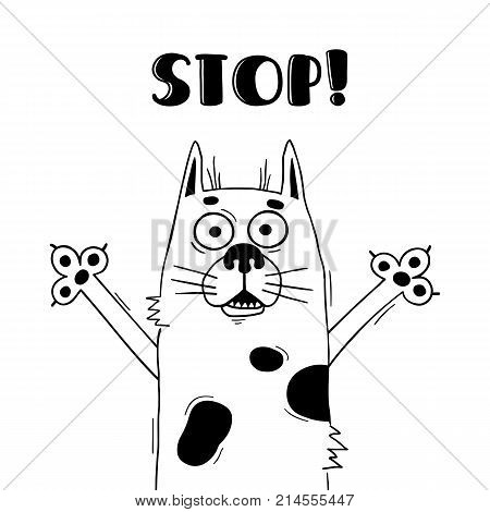 Illustration with funny hound who shouts - Stop. For design of warning beware of dog. Cute animal in vector.