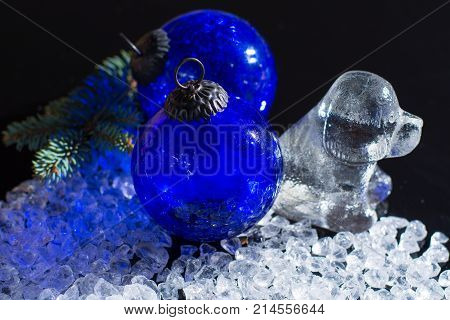 Black, Blue And White, Chine Horoscop, 2018 New Year Of Dog, Glass Dog Figure And Blue Ball