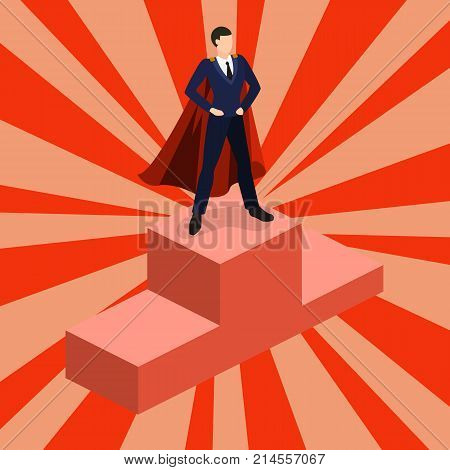 Isometric 3D Concept Vector Illustration The Businessman Took The First Place And Rises On The Podiu