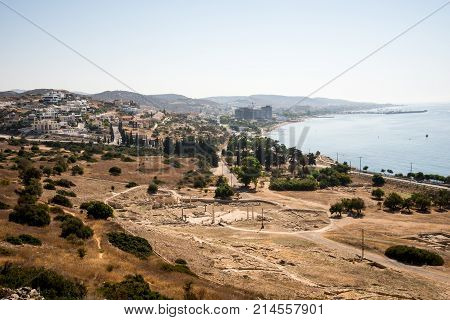 A view to remains of ancient Amathus city and Akrotiri bay from Acropolis hill in Limassol Cyprus